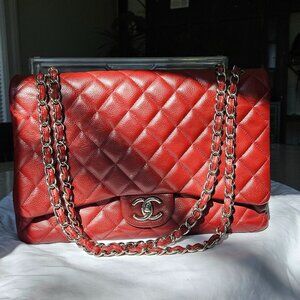 Chanel MAXI Caviar double flap chevron red bag
